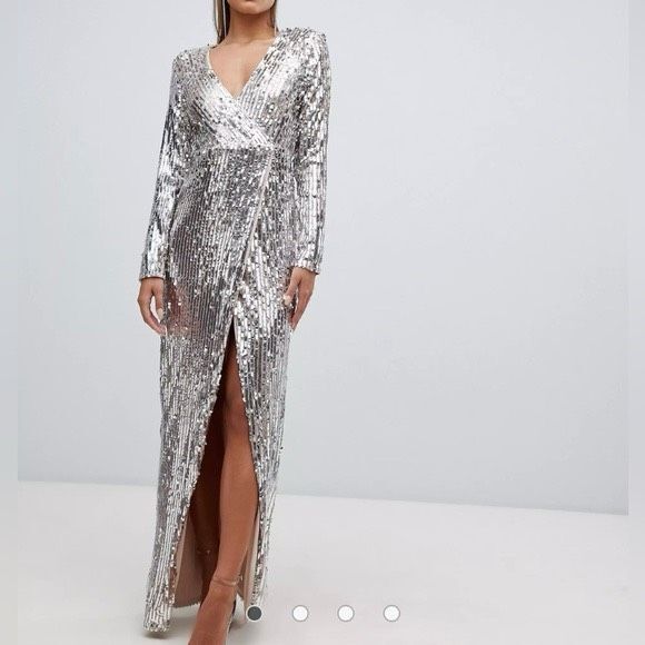 NWT Club L London Long Sleeve Plunge Silver Sequin Split Maxi Dress Size US 4 - Picture 1 of 12